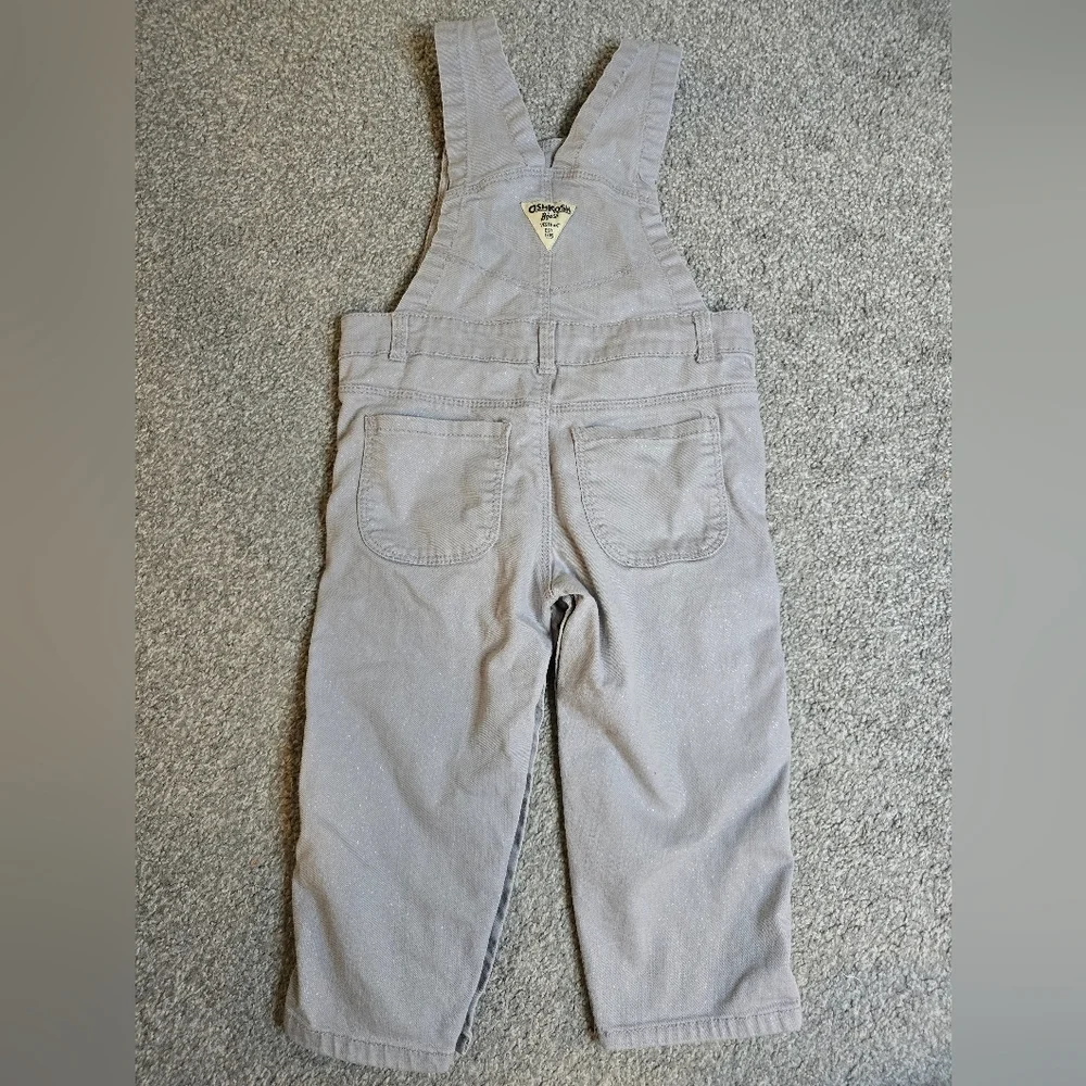 OshKosh B'Gosh Sparkly Grey Twill Pink Ribbon 24 Month Overalls
